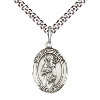 Medium Sterling Silver Saint Scholastica Medal 24'' Lobster Claw Chain Necklace
