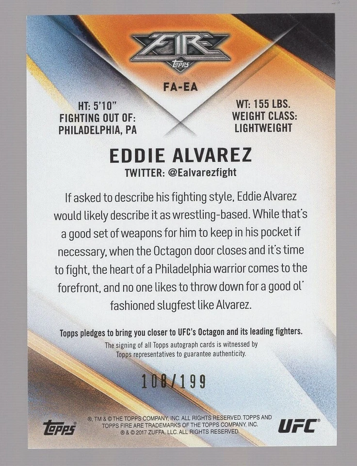 EDDIE ALVAREZ 2017 TOPPS UFC FIRE AUTO AUTOGRAPH #108/199 *THE UNDERGROUND KING* - Image 2 of 2