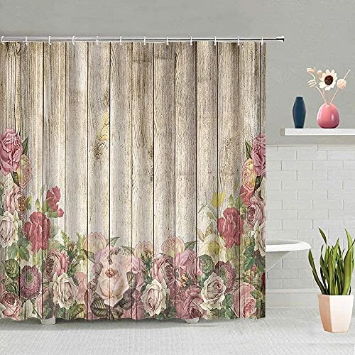 Flower Wooden Shower Curtain Vintage Shabby Barn 70"W x 70"L (Pack of 1) Brown Foto 2 de 4