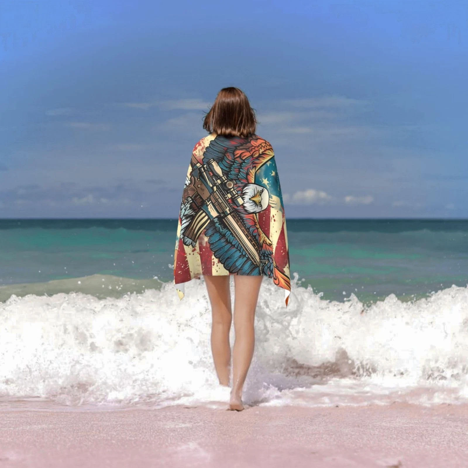 Patriotic Bald Eagle Beach Towel 31inx51in, American Flag Sand-Free Microfibe...