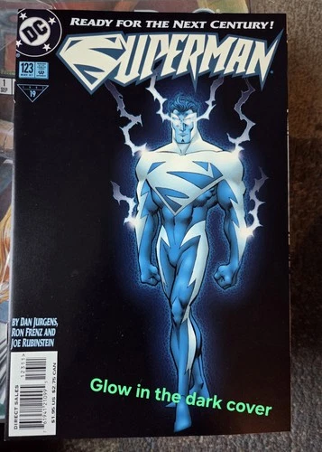 A vintage NM DC Superman #123, "electric blue" Superman, Cover glows in the dark