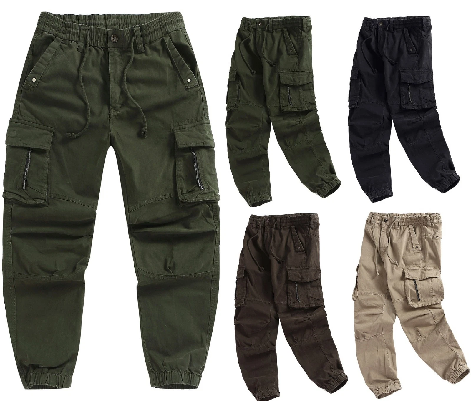 Mens Elasticated Waist Cargo Combat Work Trousers Joggers Pocket Cuffed Pants