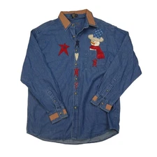 handmade Christmas Holiday button front denim shirt, Large, NEW