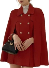 Women's Elegant Poncho Double-Breast Slit Sleeve Flowy Wool Blend Cape - CHARTOU