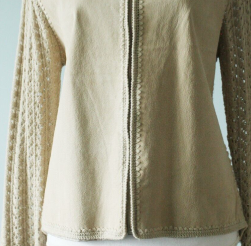 Escapade Leather Jacket Beige Mesh Crochet Sleeves and Back Womens Petites Large - Picture 3 of 16
