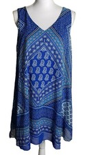 Blue Paisley Print Gauzy Shift Dress Size Medium Layered Lined Boho Sleeveless 