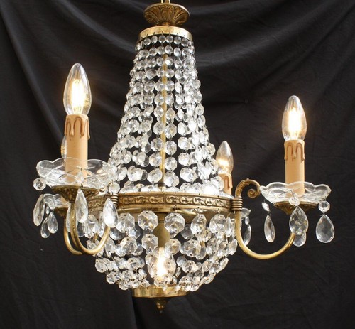 VINTAGE CHANDELIER TENT AND BAG BRASS & GLASS CEILING LIGHT (JU16) - Picture 3 of 8