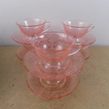 6 Fostoria Pink Versailles Etched Cups & Saucers Elegant Depression Glass