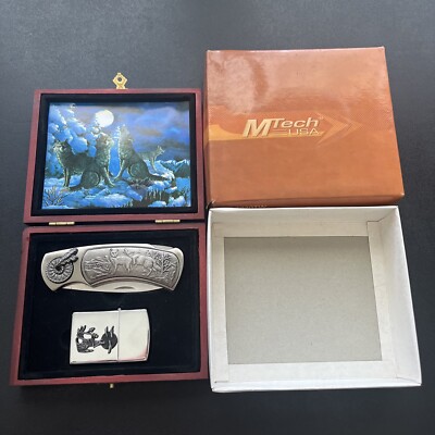 Mtech USA Wolf Boxed Knife & Lighter Set In Nice Wooden Box PK-2020TW Wolves