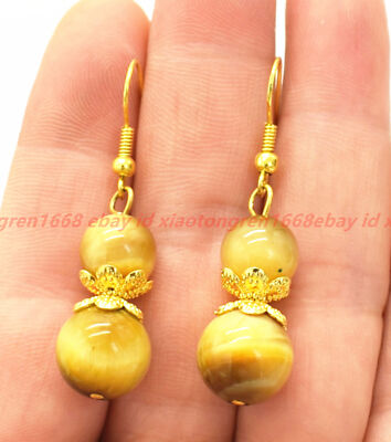 Pretty Natural 8mm 10mm Gold Tiger's Eye Gemstone Round Bead Hook Dangle Earring