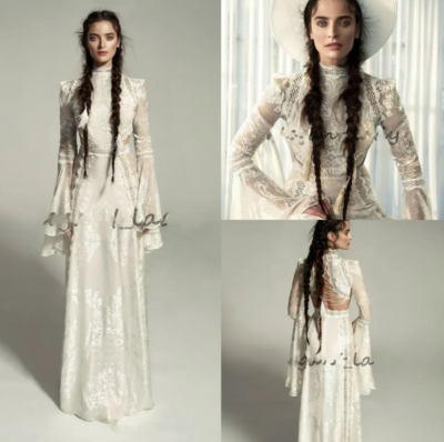 #ad Simple A Line Wedding Dress Appliques O Neck Long Sleeve Bride Gowns Ruched $148.10