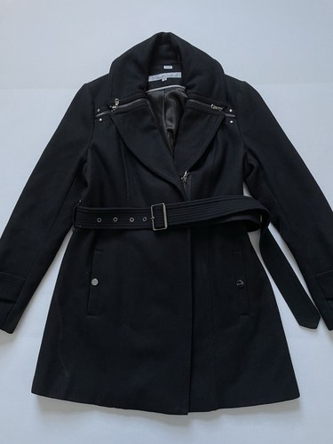 Kenneth Cole Trench Coat Women’s 4 Black Wool Long Belted Full Zip Pea Coat - Picture 1 of 7