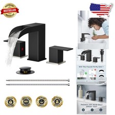 3 Hole Waterfall Bathroom Faucet, 8" Widespread, Black Nickel, Leak-Free