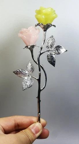 191mm Natural Opal & Pink Rose Quartz Crystal Stone Carved Rose Flower Specimen