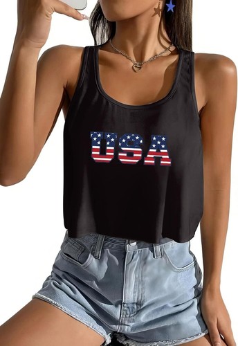 Women's American Flag Sleeveless Crop Top - USA Patriotic 4th of July Camisole - Picture 12 of 71
