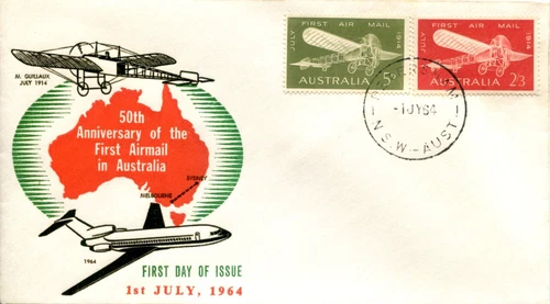 1964 50th Anniversary of the First Airmail in Australia - ACCA FDC Green/Red