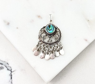 Vintage 925 Sterling Silver Blue Abalone Bali Fringe Pendant 