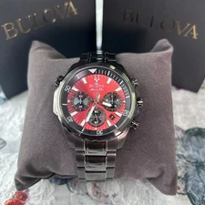 Bulova Marine Star 98B350 Red Dial Chronograph Men's Quartz Watch Classic 43mm