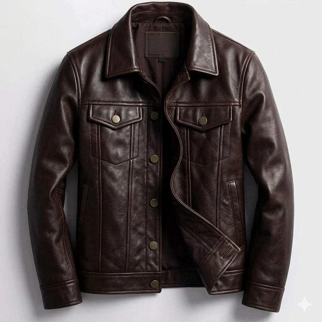 Men's Genuine Lambskin Brown Leather Trucker Jacket Denim Style Coat Jacket