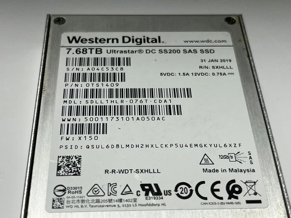 Western Digital 7.68TB Ultrastar DC SS200 SAS SSD FOR PART ONLY