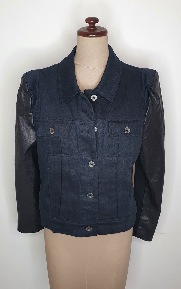 LUCETTE JACKET, BLACK DENIM WITH LEATHER SLEEVES, SIZE 3, LIKE NEW