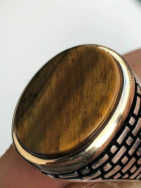 Alternate view of 10k Gold Plated 925 Sterling Silver Tiger's Eye Mens Large Ring Size 7-13 Pinky