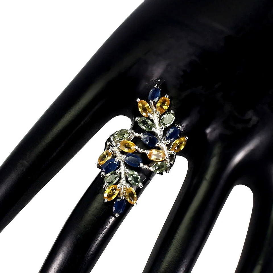 925 Anello Argento Sterling Marquise Zaffiro Multicolore 5x3mm Gemma Gioielli - Immagine 3 di 4