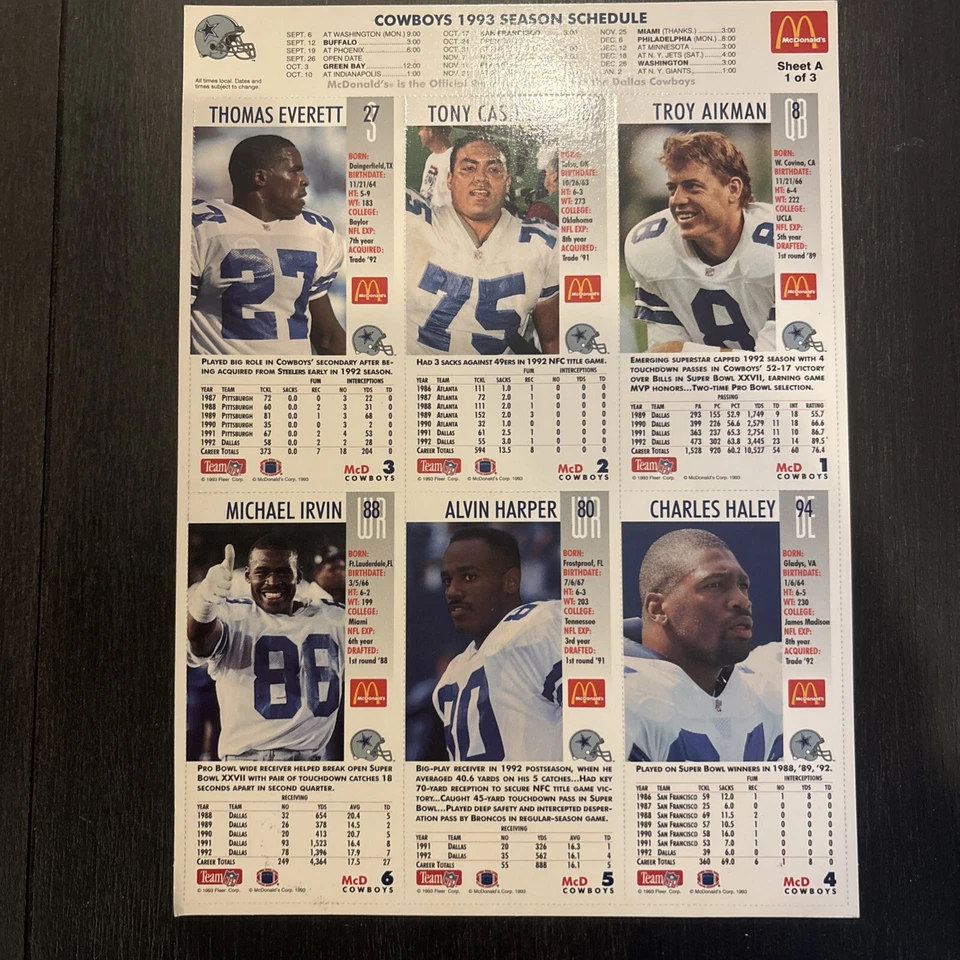 Dallas Cowboys McDonalds Edición Limitada 1993 Tarjetas de Juego Hojas 1 y 3 Foto 2 de 4