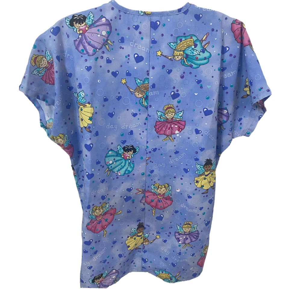 Simply Basic Scrub Top Womens Periwinkle Blue ANGEL PATTERN Size Small ECU - Image 2 of 4