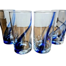 Libby Blown Glass Highball Iced Tea Tumblers Cobalt Blue Swirl Dimple Sign Crisa