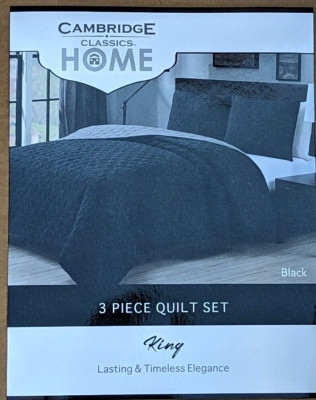 Black and Gray Cambridge Classics Home 3 Piece Quilt Reversible Embossed King