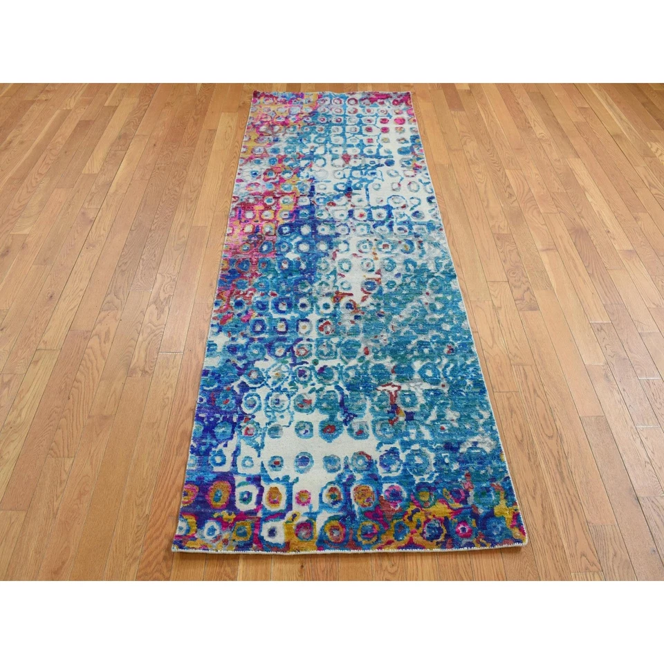 3'x8'2" Blue THE PEACOCK Sari Silk Colorful Hand Knotted Runner Rug G87689 - Image 2 of 4