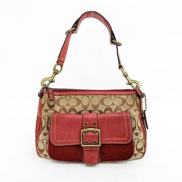 COACH Signature One Shoulder Bag 7063 Red x Beige Canvas x COACH Signature One Shoulder Bag 7063 Red x Beige Canvas x