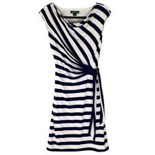 Lauren Ralph Lauren Sheath Dress Womens 8 Navy White VGUC Striped Ruched Belted