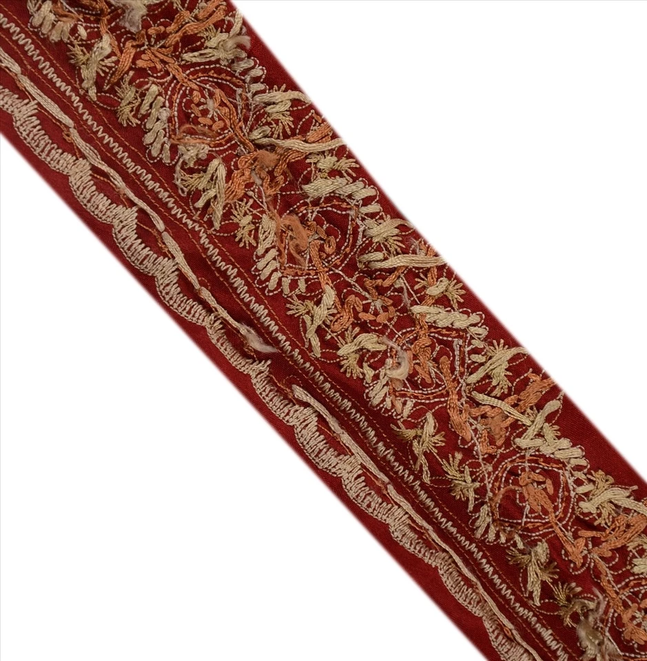 Sanskriti Vintage Saree Border Hand Embroidered 1 Yd Trims Lace 2W Decor Red Foto 4 de 4