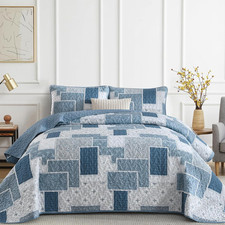 Blue Boho Quilt Set Queen Size,3 Pieces Plaid Floral Bedspread Coverlet Set for