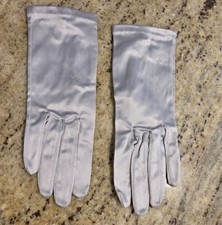 Vintage Womens Size M/L Gray Satin Stretch Formal Gloves Rhinestone Button