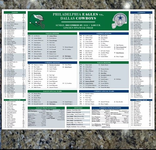 Dallas Cowboys vs Philadelphia 12/29 Game Issued Flipcard Program NFL Football