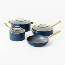 7pc Nonstick Ceramic Coated Aluminum Cookware Set with Champagne Handles Navy -