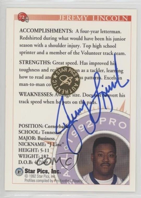 1992 Star Pics Auto Jeremy Lincoln #72 Rookie Auto RC - Image 2 of 2