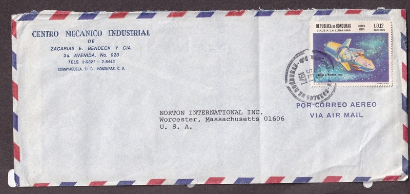 Honduras 1971 cover Centro Mecanico Industrial to Norton International MASS