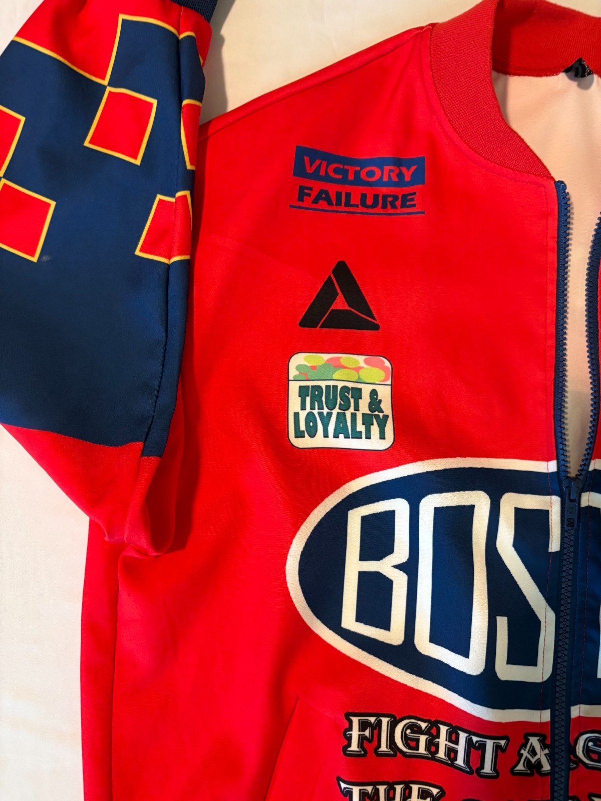 SHEIN Boston Fight Red Zip Jacket Size M Graphic Patch Streetwear Statement Rare image 3