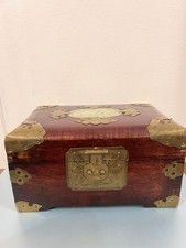 Vintage Chinese Rosewood Jewelry Box with Carved Jade Centerpiece & Brass Moths