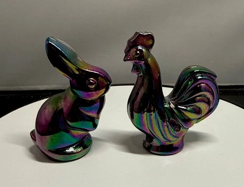 Fenton Rooster And Rabbit Carnival Glass Figurines -Free Shipping