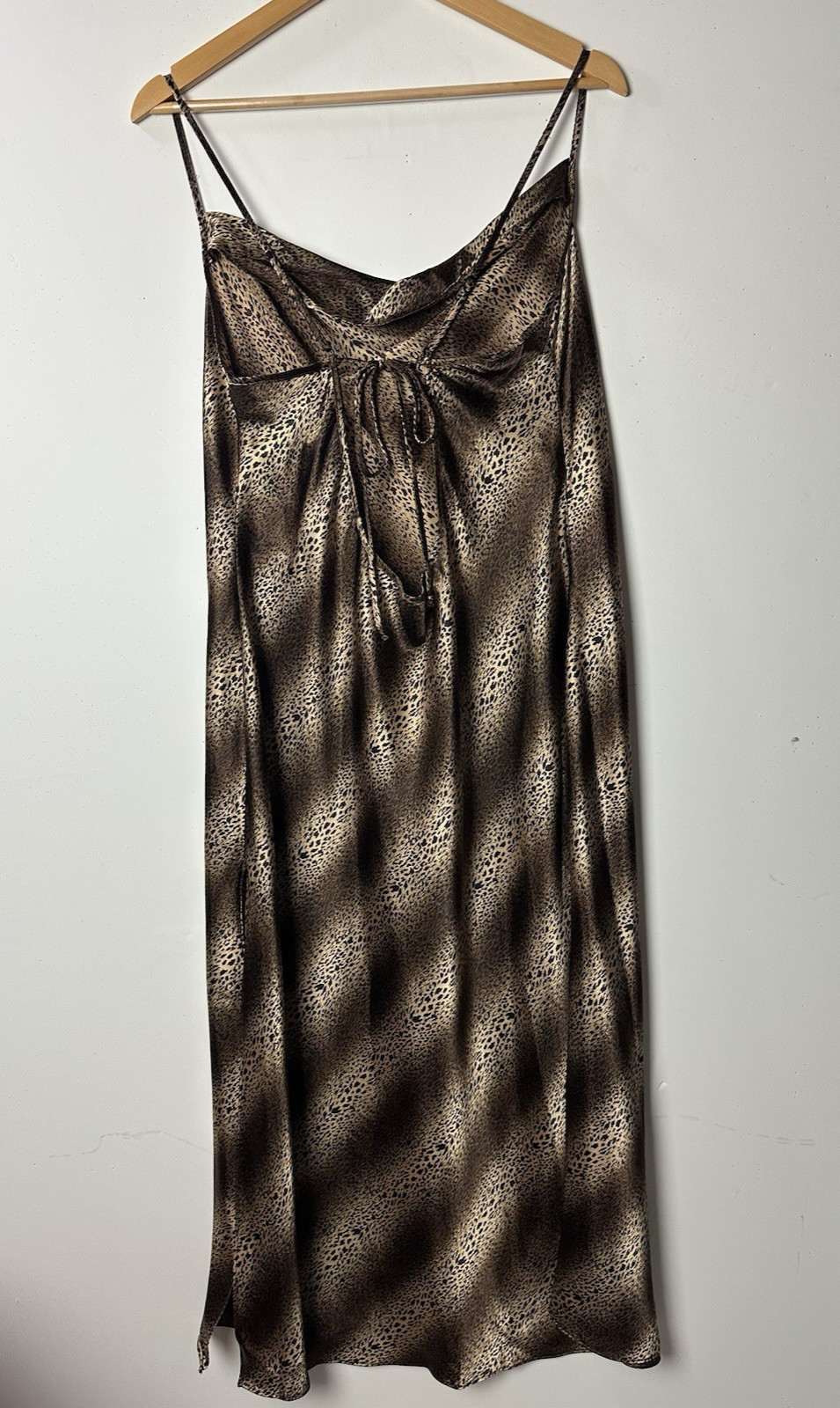 Vtg California Dynasty Maxi Slip Dress Leopard Satin Gown Straps Glam 90s Y2K XL