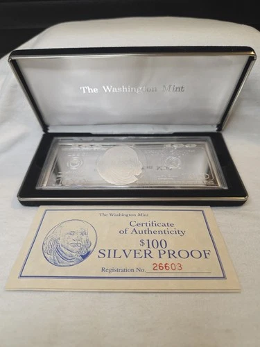 1996-4 OZ .999 SILVER PROOF BAR-BEN FRANKLIN $100 SILVER BAR- W/COA- NR AUCTION