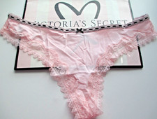VICTORIA'S SECRET Ribbon Bow Cotton Thong Panty VS Angel Pink M L XL Lace Trim