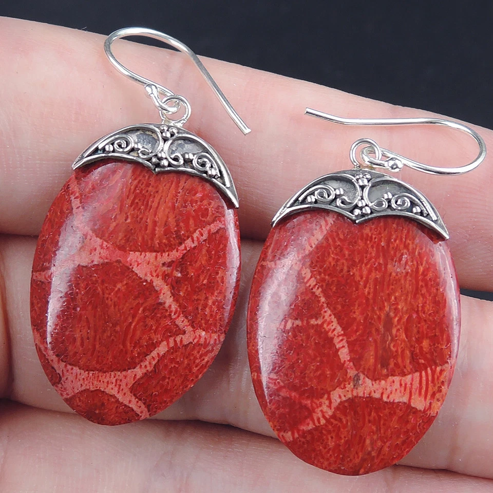 Orecchini in argento sterling 925 ovale corallo rosso naturale fatti a mano g... - Immagine 2 di 4