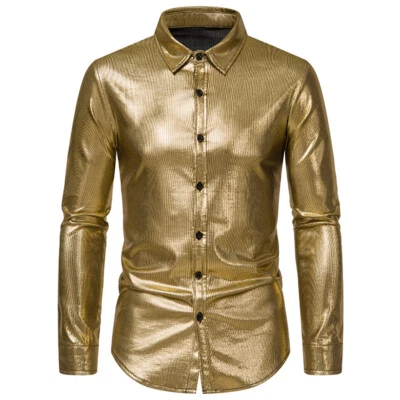 Herren Glänzend Hemd Langärmelig Party Club Knöpfe Disco Gold 70s Kostüm - Bild 1 von 4