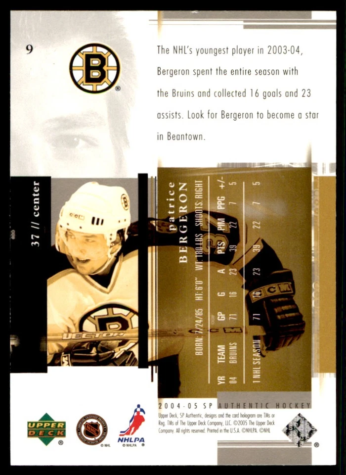 2004-05 SP Authentic Patrice Bergeron Boston Bruins #9 - Image 2 of 2